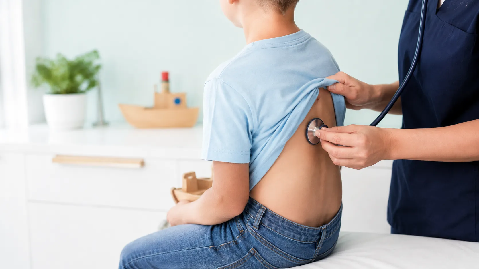 Praxis Barkauer Hausaerztliche Untersuchung Kind Ein Kind sitzt mit dem Rücken zur Kamera, trägt ein blaues T-Shirt und Jeans. Eine Person in dunkler Kleidung hält ein Stethoskop an den Rücken des Kindes. Im Hintergrund sind unscharf ein Spielzeugboot und eine Pflanze.